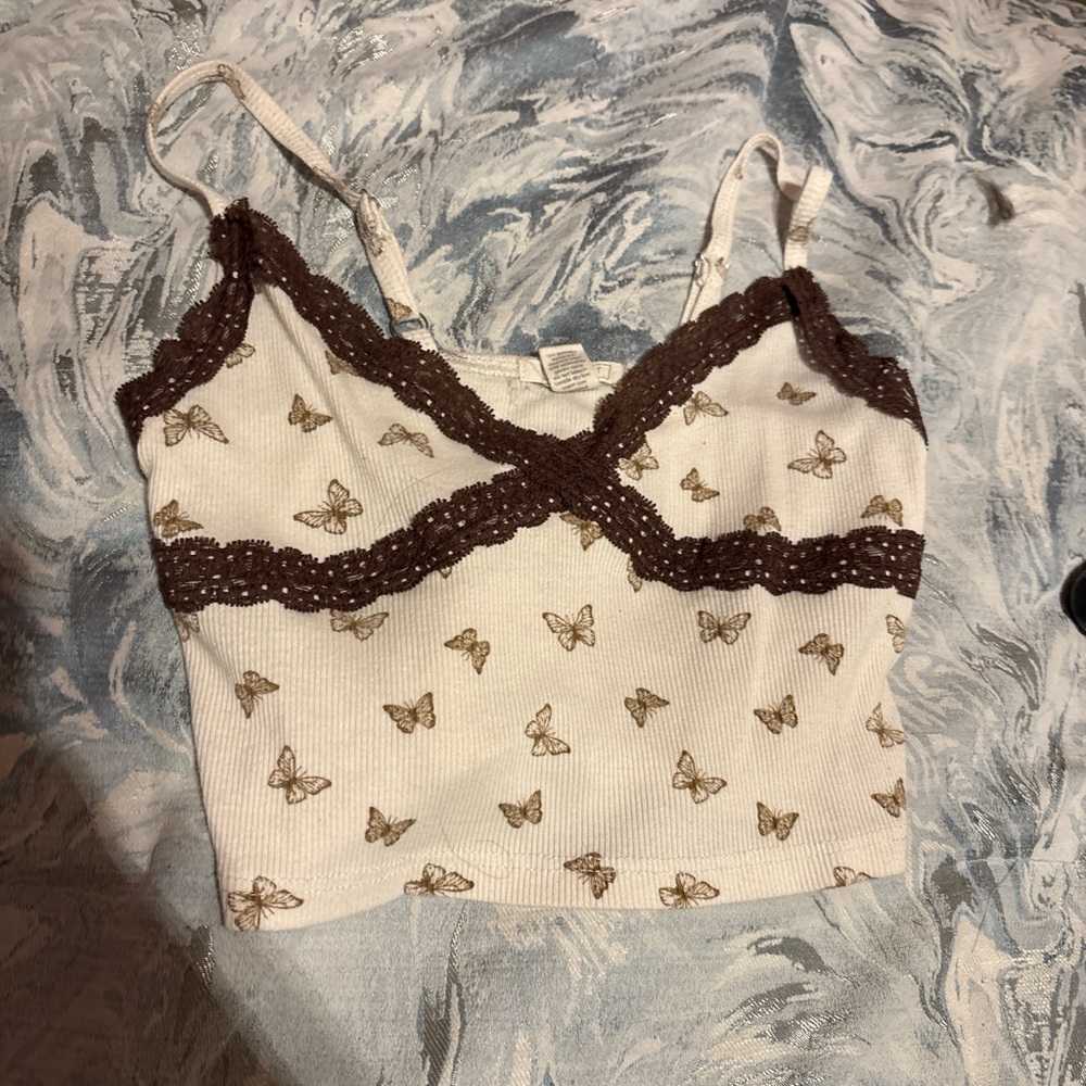 White and Brown Butterfly Print Cami Top